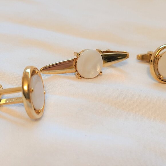 Foster Gold Tone Mother Pearl White Tie Tack Clasp Cufflinks Men Accessories Set - Picture 5 of 9